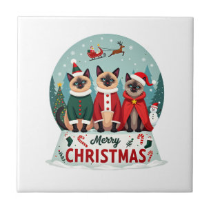 Merry Christmas Three Santa Elf Reindeer Siamese C Ceramic Tile