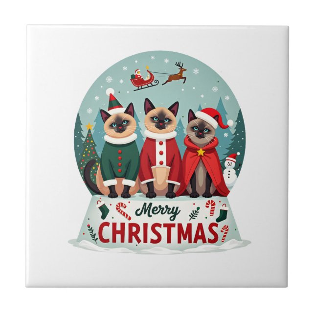 Merry Christmas Three Santa Elf Reindeer Siamese C Ceramic Tile (Front)
