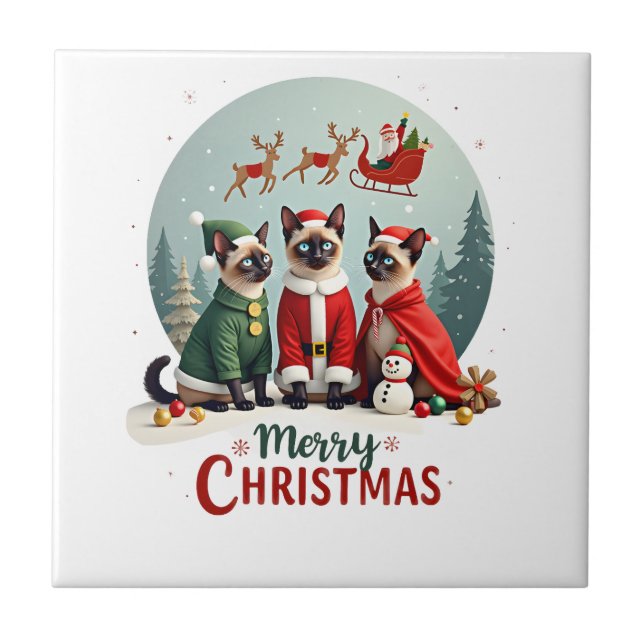 Merry Christmas Three Santa Elf Reindeer Siamese C Ceramic Tile (Front)