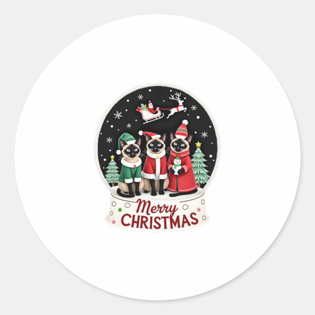 Merry Christmas Three Santa Elf Reindeer Siamese C Classic Round Sticker (Front)