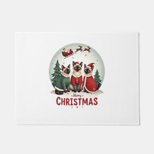 Merry Christmas Three Santa Elf Reindeer Siamese C Doormat