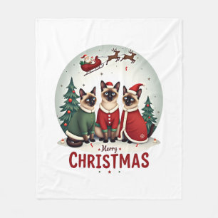 Merry Christmas Three Santa Elf Reindeer Siamese C Fleece Blanket