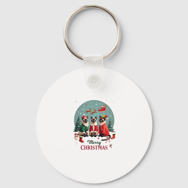 Merry Christmas Three Santa Elf Reindeer Siamese C Key Ring (Front)