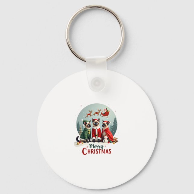 Merry Christmas Three Santa Elf Reindeer Siamese C Key Ring (Front)