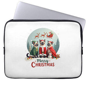 Merry Christmas Three Santa Elf Reindeer Siamese C Laptop Sleeve