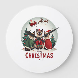 Merry Christmas Three Santa Elf Reindeer Siamese C Large Clock
