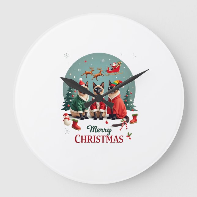 Merry Christmas Three Santa Elf Reindeer Siamese C Large Clock (Front)