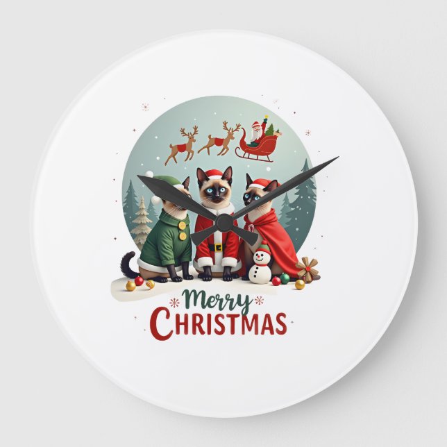 Merry Christmas Three Santa Elf Reindeer Siamese C Large Clock (Front)