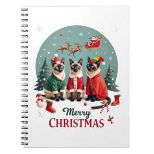 Merry Christmas Three Santa Elf Reindeer Siamese C Notebook