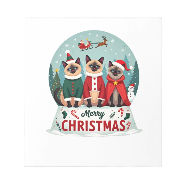 Merry Christmas Three Santa Elf Reindeer Siamese C Notepad (Front)
