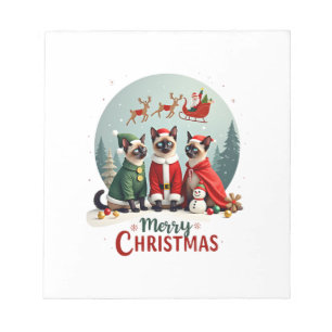 Merry Christmas Three Santa Elf Reindeer Siamese C Notepad