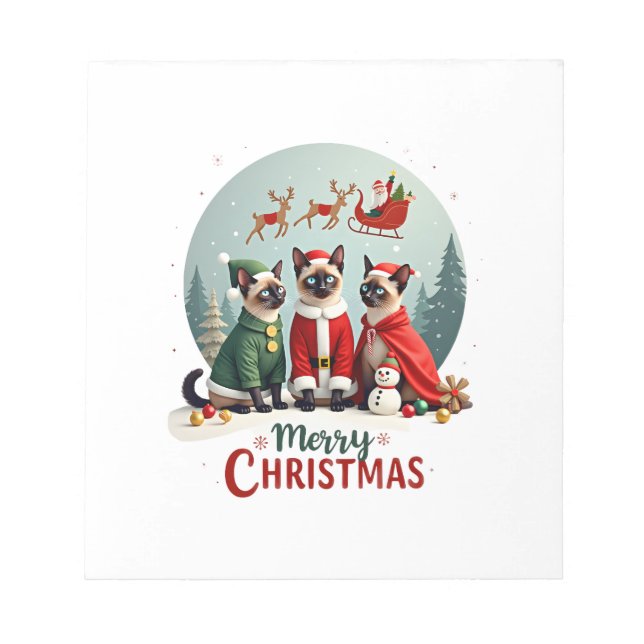 Merry Christmas Three Santa Elf Reindeer Siamese C Notepad (Front)