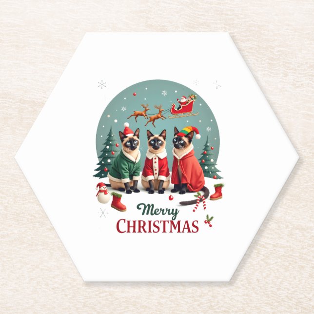 Merry Christmas Three Santa Elf Reindeer Siamese C Paper Coaster (Front)