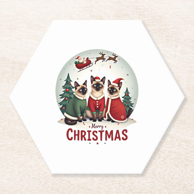 Merry Christmas Three Santa Elf Reindeer Siamese C Paper Coaster (Front)