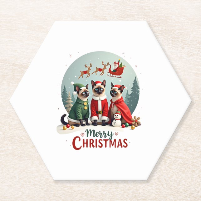 Merry Christmas Three Santa Elf Reindeer Siamese C Paper Coaster (Front)