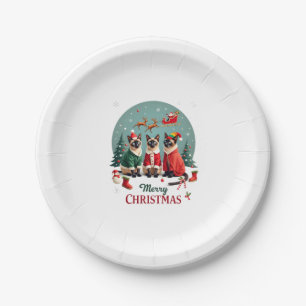 Merry Christmas Three Santa Elf Reindeer Siamese C Paper Plate