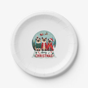 Merry Christmas Three Santa Elf Reindeer Siamese C Paper Plate