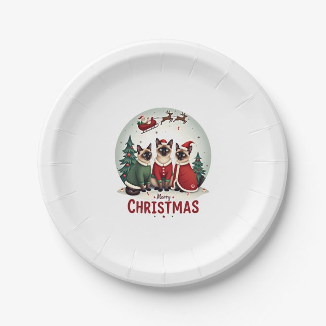 Merry Christmas Three Santa Elf Reindeer Siamese C Paper Plate (Front)