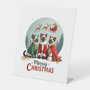 Merry Christmas Three Santa Elf Reindeer Siamese C Pedestal Sign