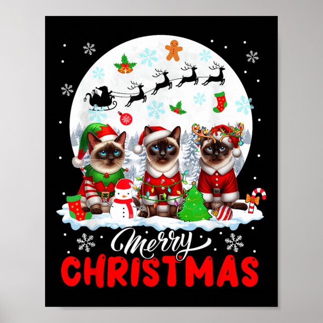 Merry Christmas Three Santa Elf Reindeer Siamese C Poster (Front)