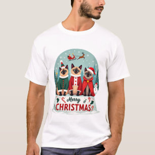 Merry Christmas Three Santa Elf Reindeer Siamese C T-Shirt