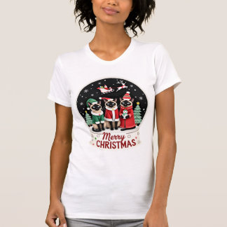 Merry Christmas Three Santa Elf Reindeer Siamese C T-Shirt