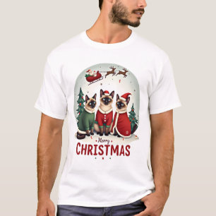 Merry Christmas Three Santa Elf Reindeer Siamese C T-Shirt