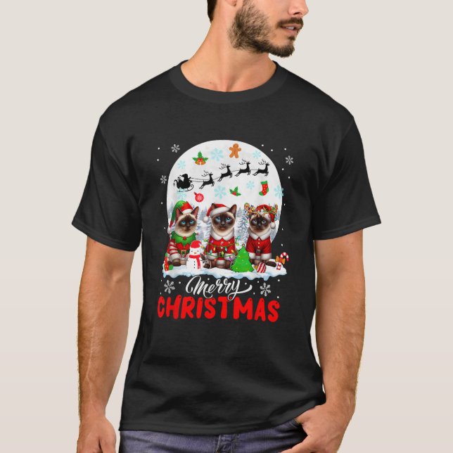 Merry Christmas Three Santa Elf Reindeer Siamese C T-Shirt (Front)