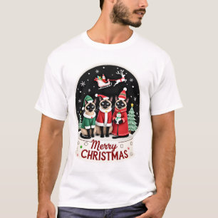 Merry Christmas Three Santa Elf Reindeer Siamese C T-Shirt