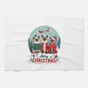 Merry Christmas Three Santa Elf Reindeer Siamese C Tea Towel