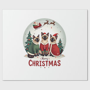 Merry Christmas Three Santa Elf Reindeer Siamese C Wrapping Paper