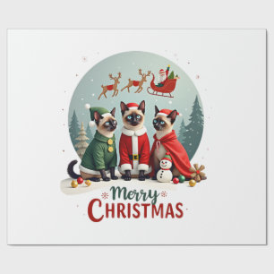 Merry Christmas Three Santa Elf Reindeer Siamese C Wrapping Paper