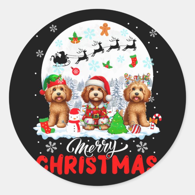 Merry Christmas Three Santa Elf Reindeer Sproodles Classic Round Sticker (Front)