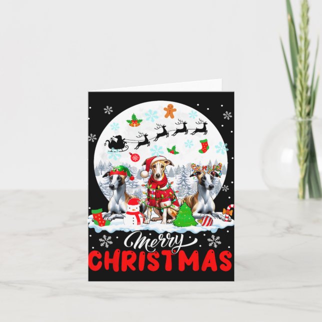 Merry Christmas Three Santa Elf Reindeer Whippets  Card (Front)