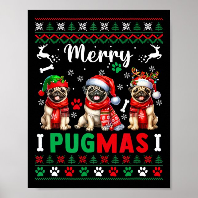 Merry Christmas Three Santa Pugs Colourful Sweater Poster (Front)