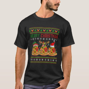 Merry Christmas Three Santa Reindeer Elf Pizzas Fu T-Shirt