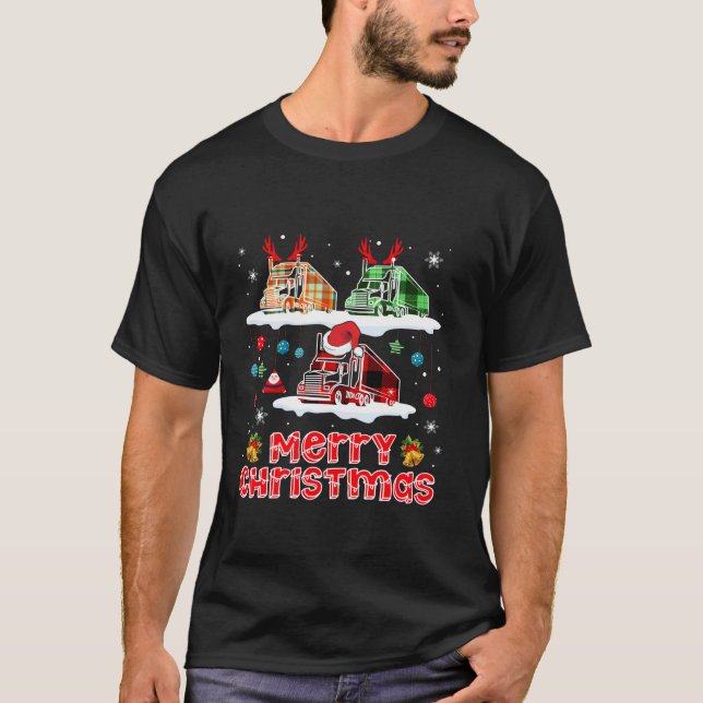 Merry Christmas Three Santa Reindeer Plaid Trucks  T-Shirt (Front)