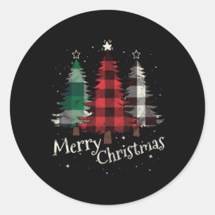 Merry Christmas Three Xmas Trees Buffalo Plaid Wom Classic Round Sticker