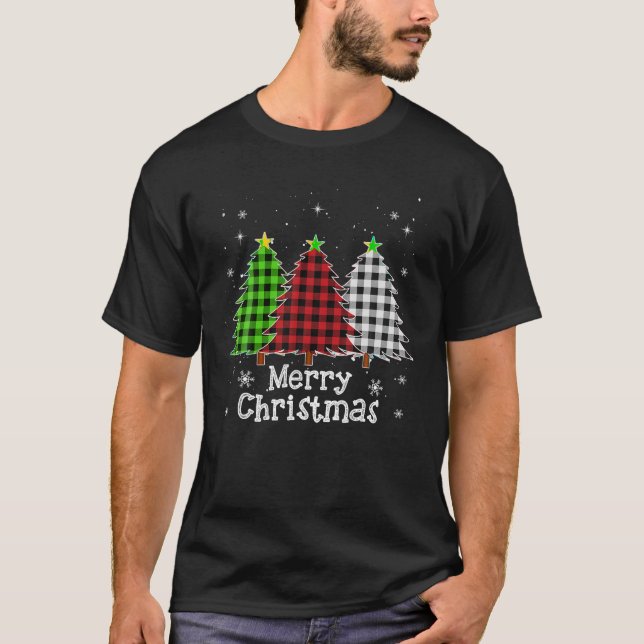 Merry Christmas Three Xmas Trees Buffalo Plaid Wom T-Shirt (Front)