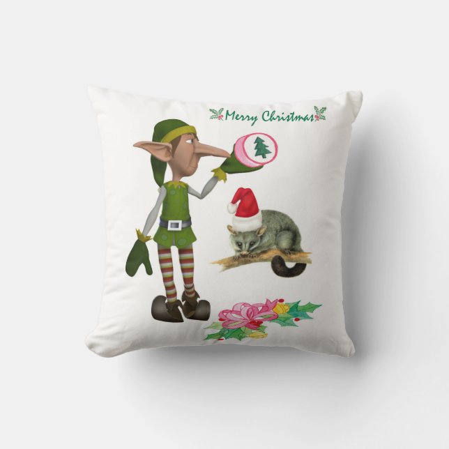 Merry Christmas Throw Pillow, Elf Possum Cushion (Front)