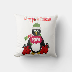 Merry Christmas Throw Pillow, Penguin Boxing Pow  Cushion