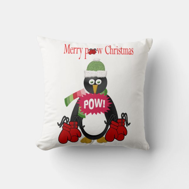 Merry Christmas Throw Pillow, Penguin Boxing Pow  Cushion (Front)