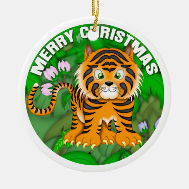 Merry Christmas Tiger Ceramic Ornament (Front)