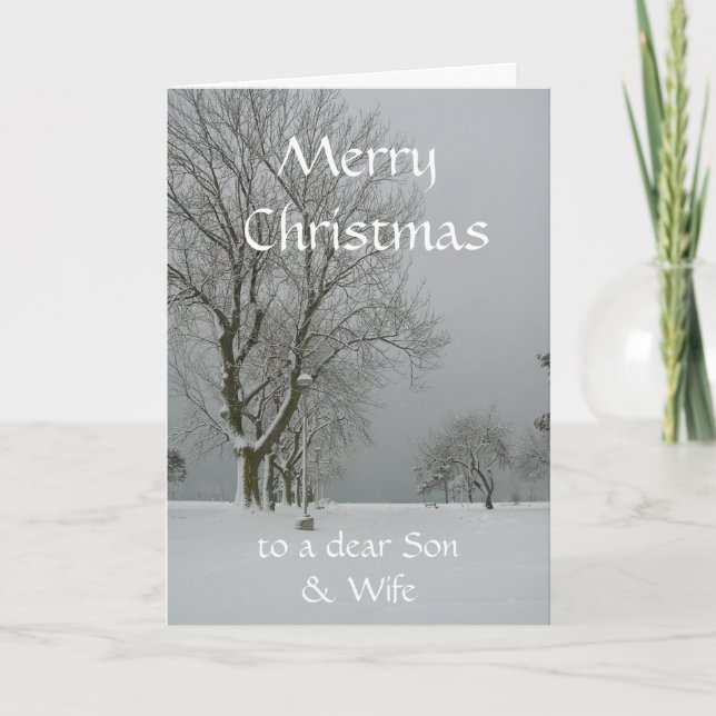 Merry Christmas to a dear Son & Wife-Winter Scene Holiday Card (Front)