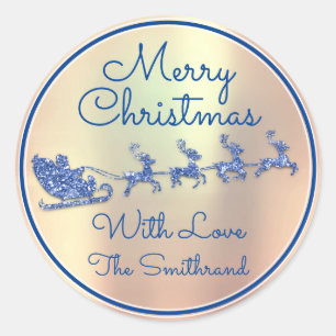 Merry Christmas To From Blue Santa Reindeer Rose Classic Round Sticker