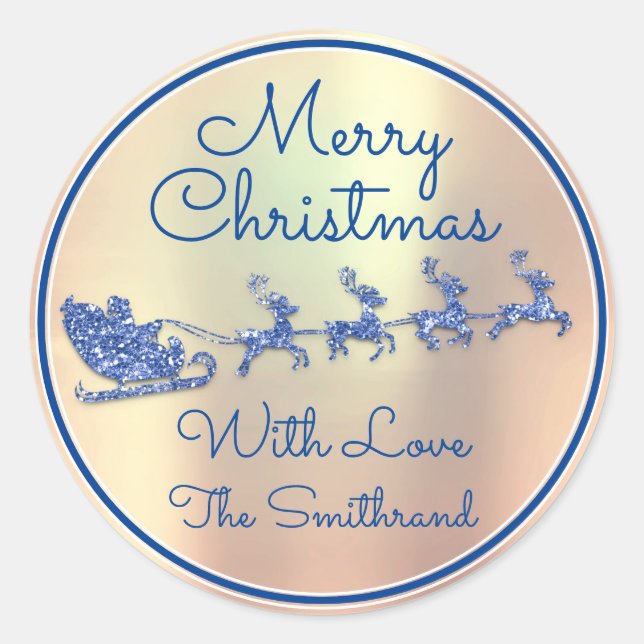 Merry Christmas To From Blue Santa Reindeer Rose Classic Round Sticker (Front)