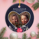 Merry Christmas to grandma heart photo cute Ceramic Ornament<br><div class="desc">Seasonal watercolor holy berry and pink poinsettia flower over a dark midnight navy blue chalkboard background making a beautiful keepsake ornament for grandma grandpa / grandparents. Personalise it with your photo inside a heart shape and with your name / text! It can make a thoughtful keepsake Christmas holiday gift for...</div>