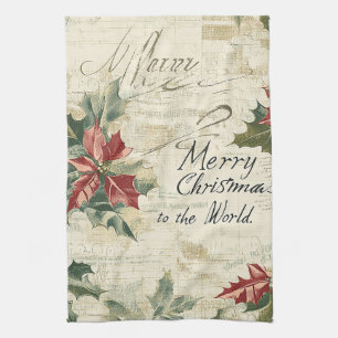 Merry Christmas To The World Holly Vintage Tea Towel