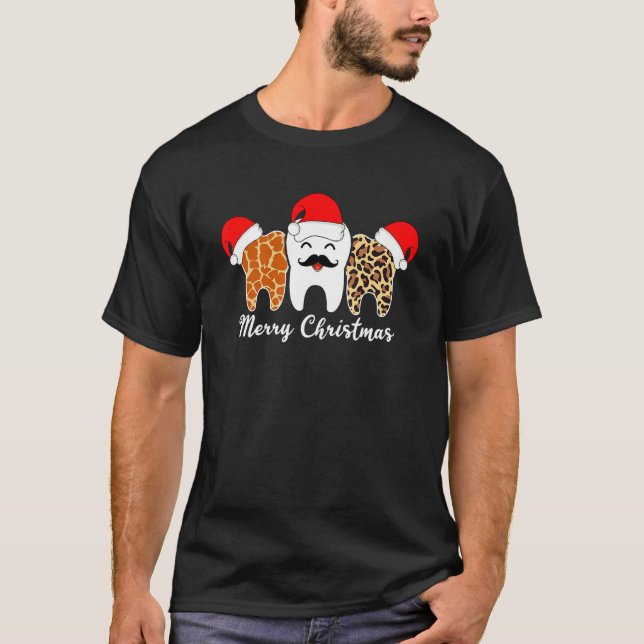 Merry Christmas Tooth With Moustache Leopard Giraf T-Shirt (Front)