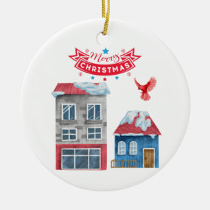 MERRY CHRISTMAS TOWN BUILDINGS RED CARDINAL BIRD CERAMIC ORNAMENT